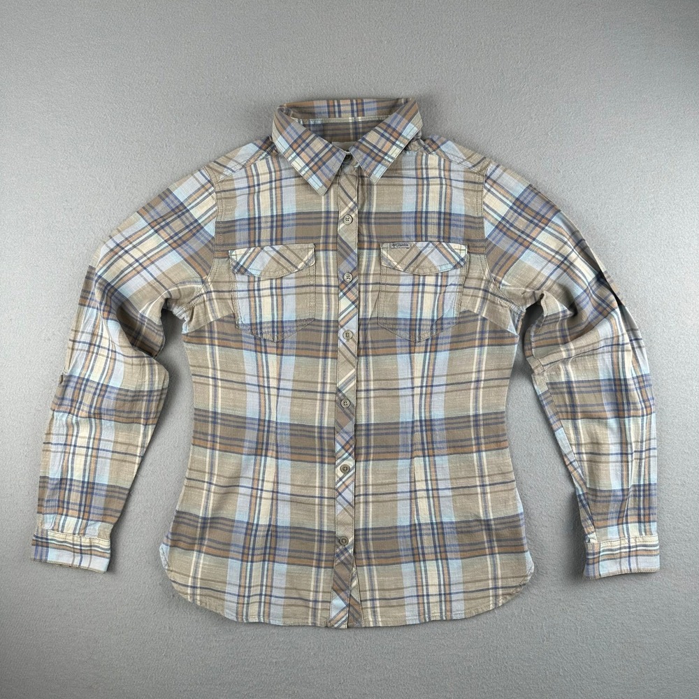 Columbia Button Down Shirt Women Medium Brown Blue Plaid Cotton AK1387